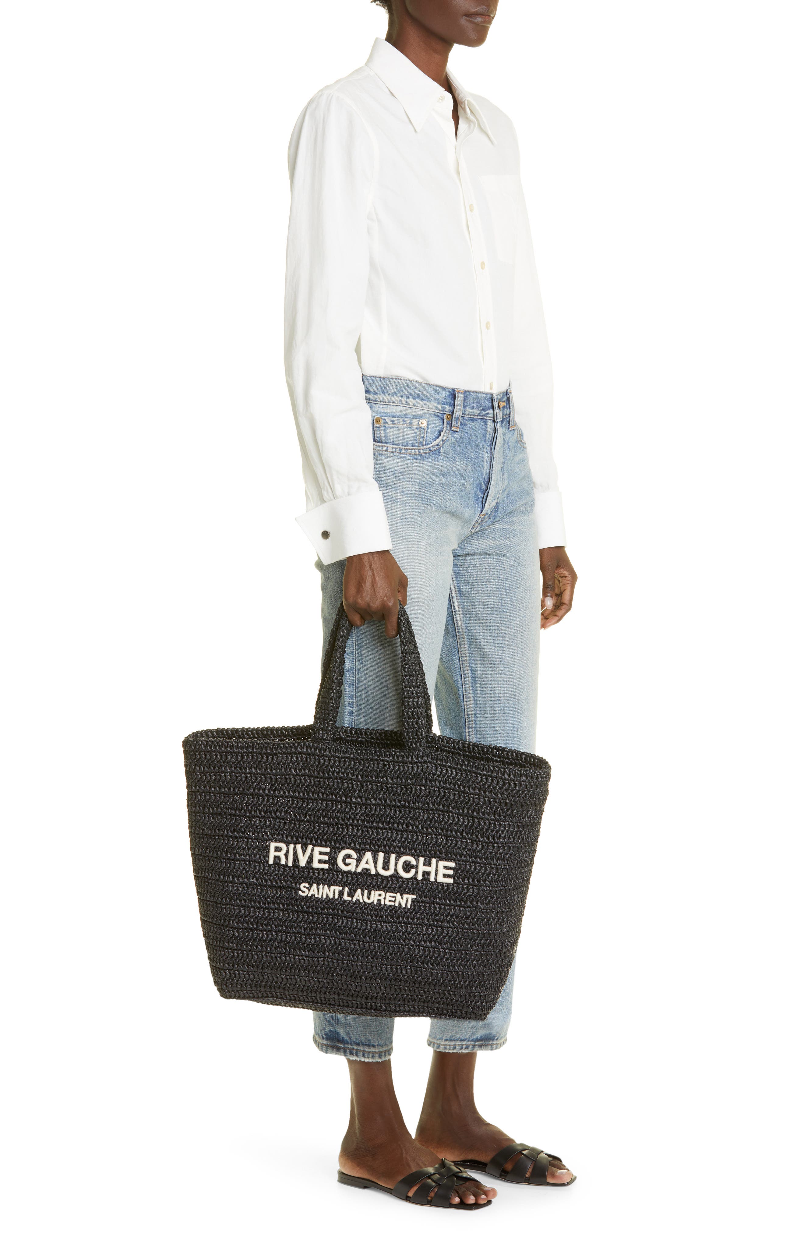 Saint Laurent Rive Gauche Logo Crochet Tote, Alternate, color, 