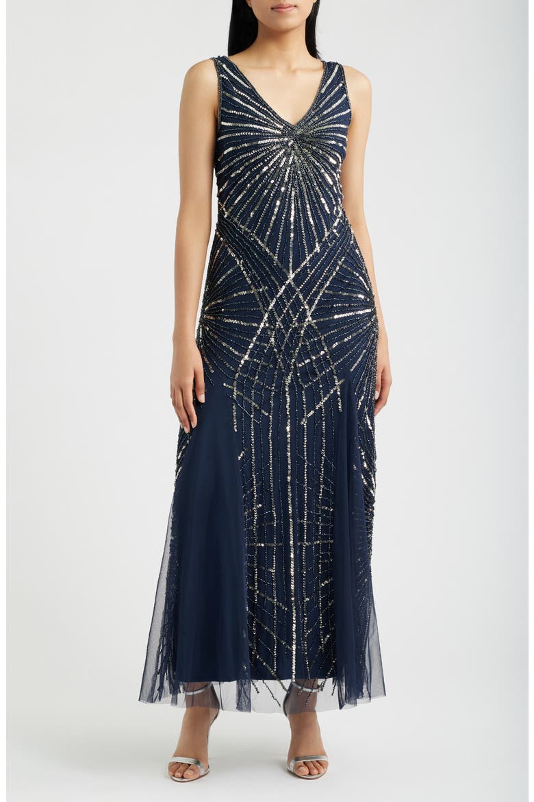 Beaded Sleeveless Tulle Gown, Main, color, NAVY 410
