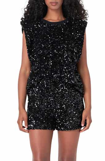 Sequin Padded Shoulder Velvet Top