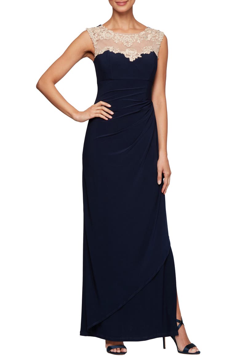 Side Ruched Gown, Main, color, NAVY/ NUDE
