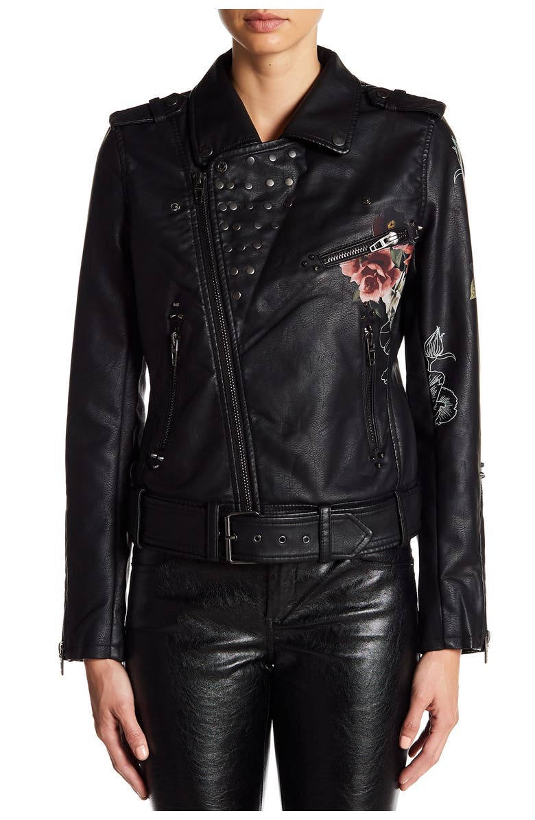 BLANKNYC Studded Floral Faux Leather Moto Jacket, Alternate, color,