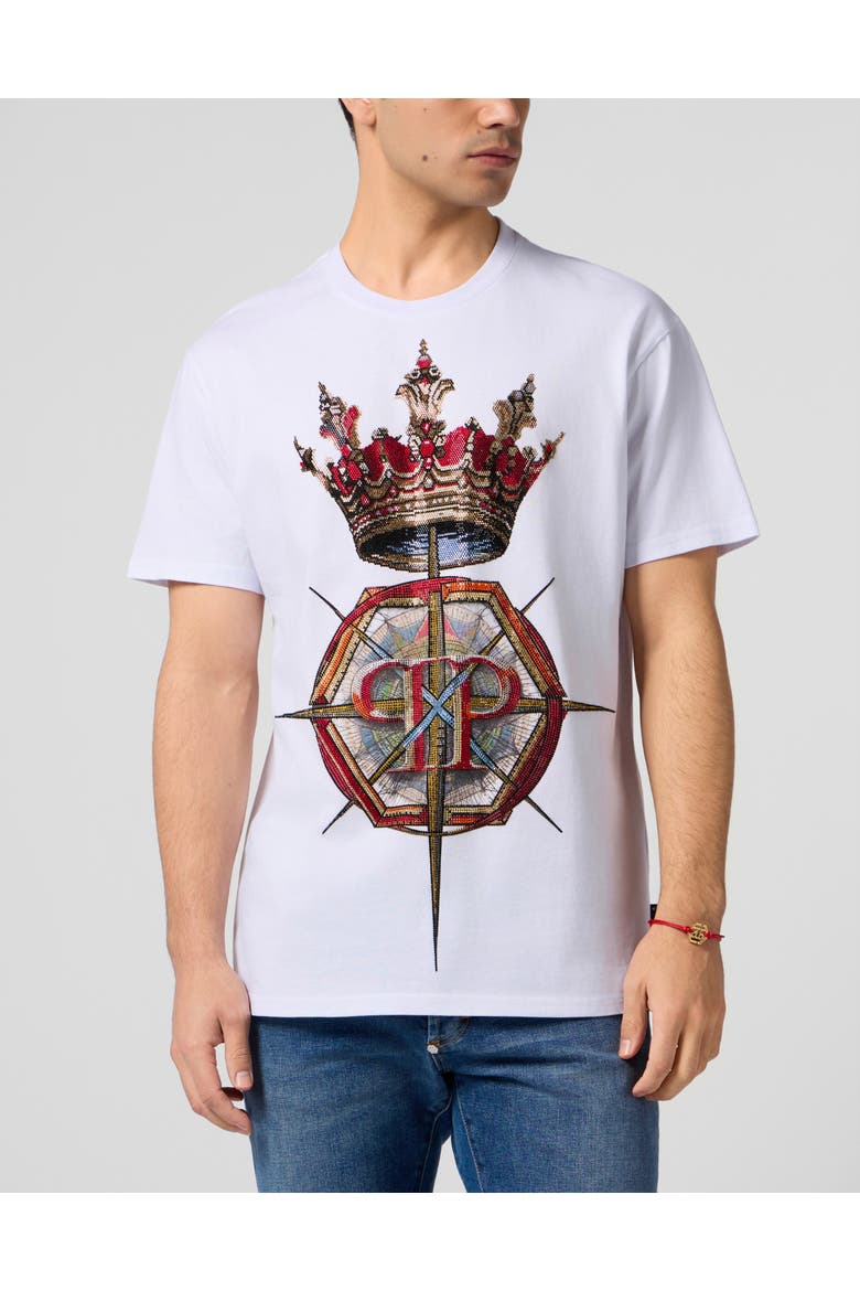 Round Neck T-Shirt Crown Stones Men, Main, color, white