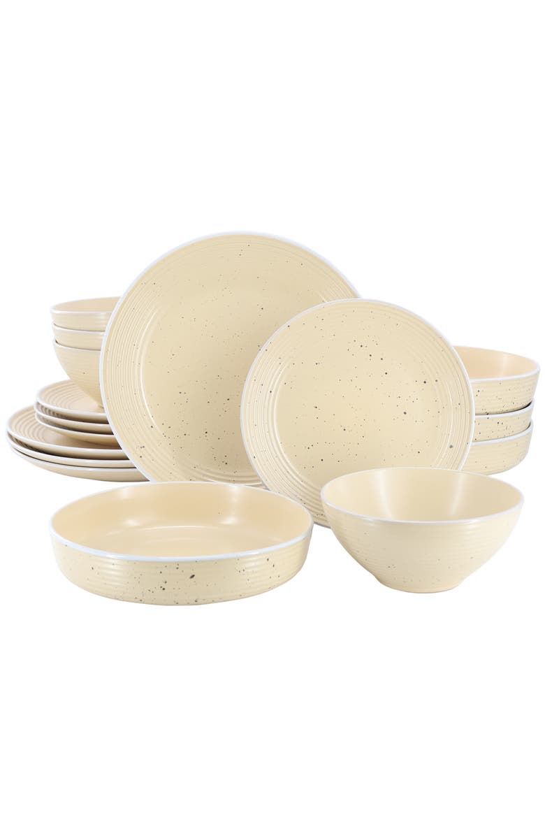 Elama Emilia 16 Piece Double Bowl Stoneware Dinnerware Set, Main, color, White