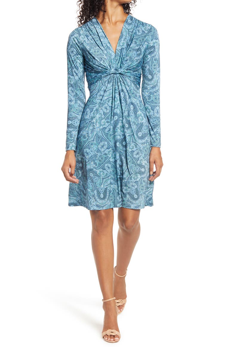 Paisley Print Twist Front Long Sleeve Jersey Dress, Main, color, COUNTRY BLUE