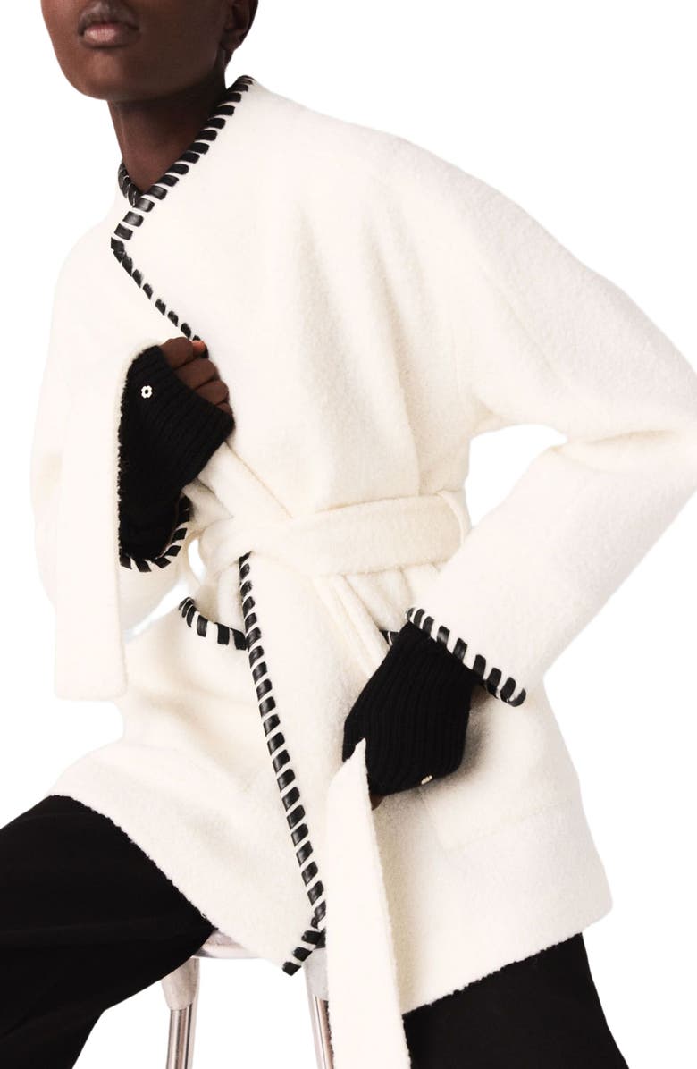 maje Lined coat with contrasting ribbon, Alternate, color, Ecru / Black