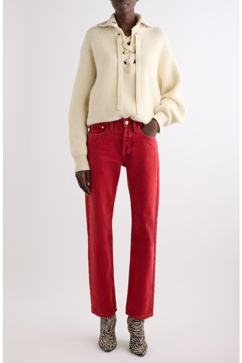 Daya Raw Hem High Waist Straight Leg Jeans, Alternate, color, RED