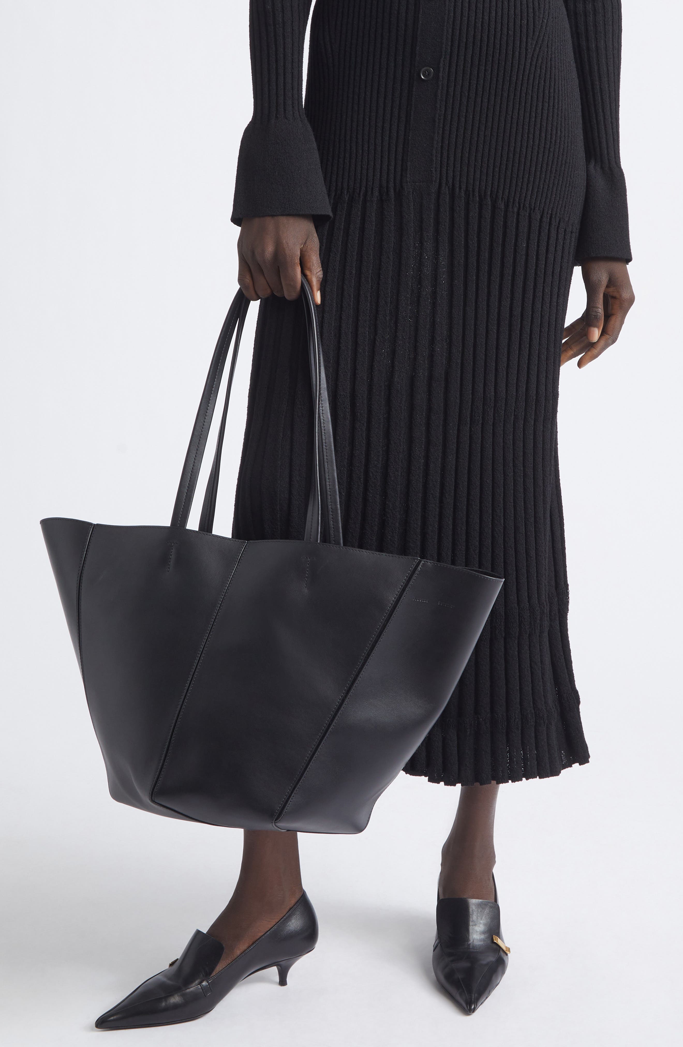 Hex Calfskin Leather Tote, Alternate, color, BLACK