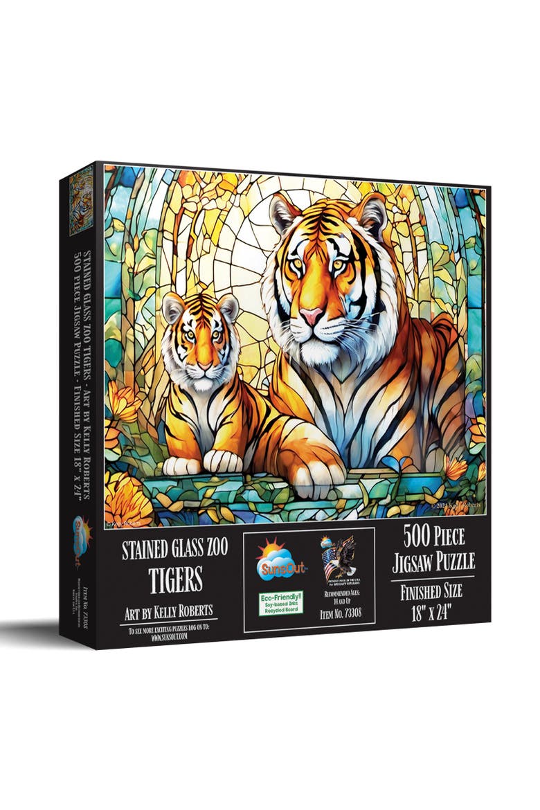 Stained Glass Zoo Tigers 500 piece Jigsaw Puzzle for Adults, Main, color, Multicolor