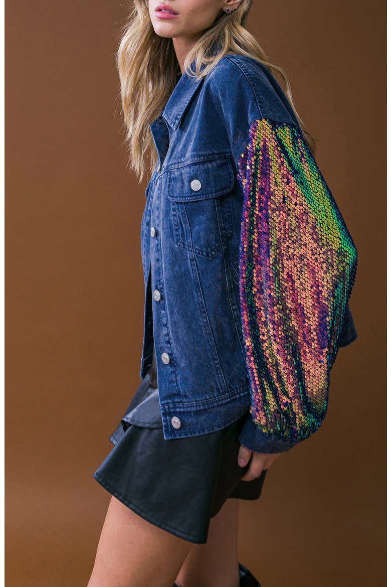 Walking the Walk Sequin Sleeve Denim Jacket, Alternate, color, MEDIUM INDIGO