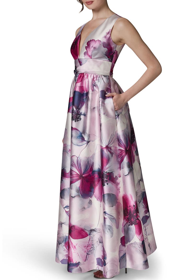 V-Neck Print Ballgown, Alternate, color, SANGRIA MULTI