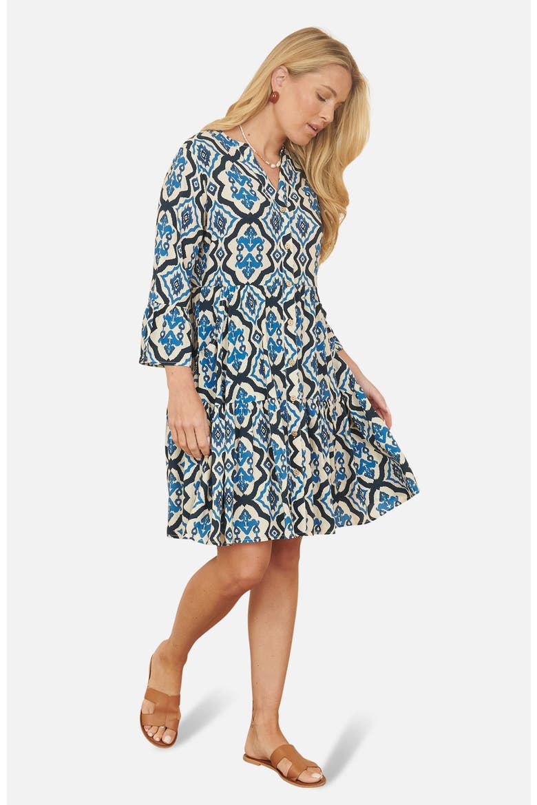 Ikat Print 3/4 Sleeve Tunic Dress, Alternate, color, Blue