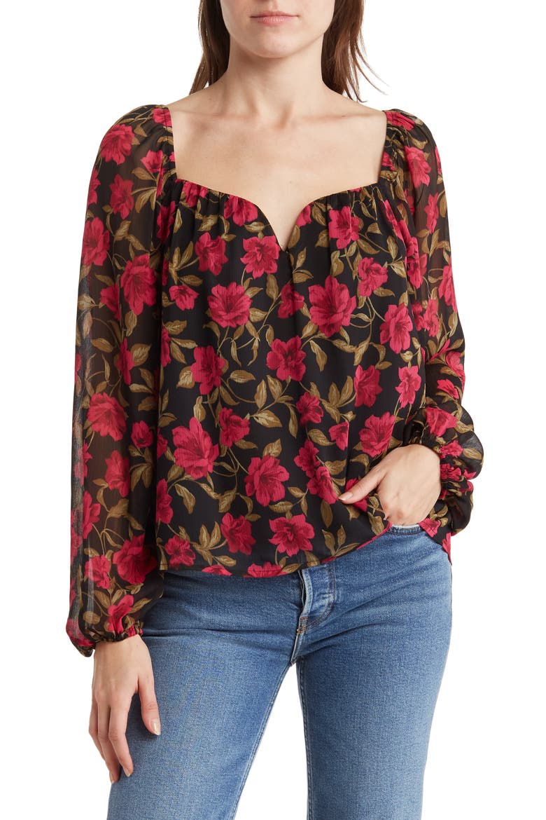 Square Neck Long Sleeve Floral Sweetheart Blouse, Main, color, FUCHSIA MULTI