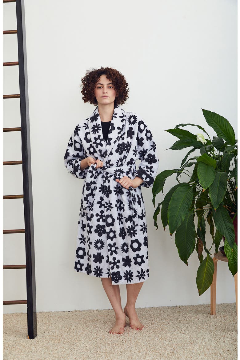 Flower Cotton Bathrobe, Alternate, color, BLACK AND WHITE