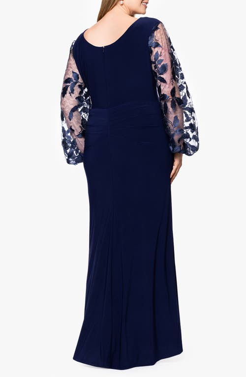 Betsy & Adam Embroidered Sheer Long Sleeve Gown