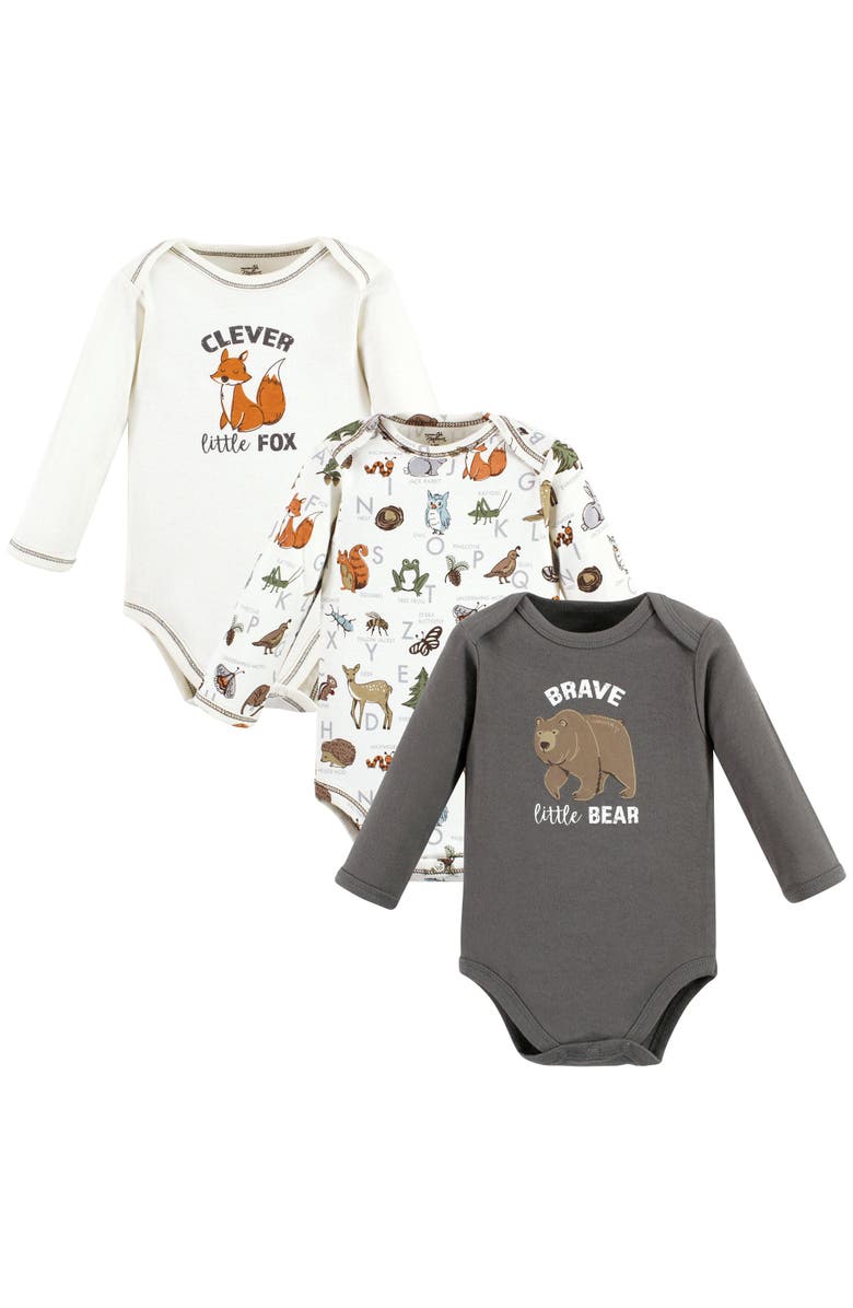 Touched by Nature Organic Cotton Long-Sleeve Bodysuits, Main, color, Boy Woodland Alphabet