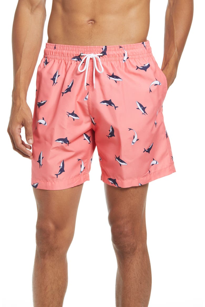 Sano Swim Trunks, Main, color, DUSTY CORAL MINI SHARKS