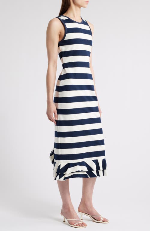 Du Paradis Musa Stripe Ruffle Hem Sleeveless Stretch Cotton Midi Dress In Navy White Stipes