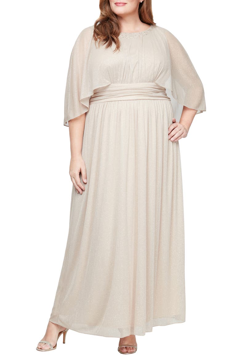 Glitter Capelet Chiffon Gown, Main, color, CHAMPAGNE