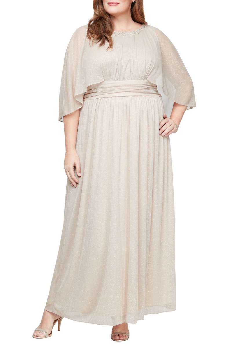 SL FASHIONS Glitter Capelet Chiffon Gown, Main, color, Champagne