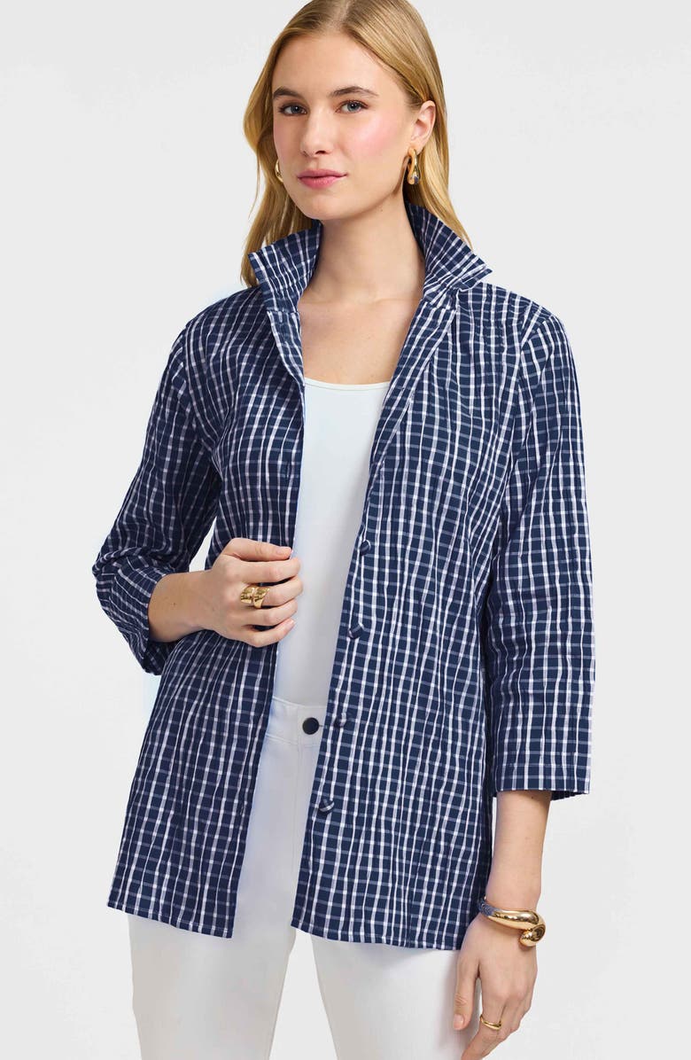 Foxcroft Carolina Crinkled Gingham Cotton Blend Shirt Jacket, Alternate, color, Navy/ White