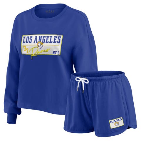 Women's WEAR by Erin Andrews Royal Los Angeles Rams Heavy Rugby Jersey Long Sleeve T-Shirt & Shorts Lounge Set