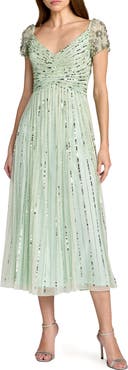 Mac Duggal Beaded Sequin V Neck Cap Sleeve Midi Dress