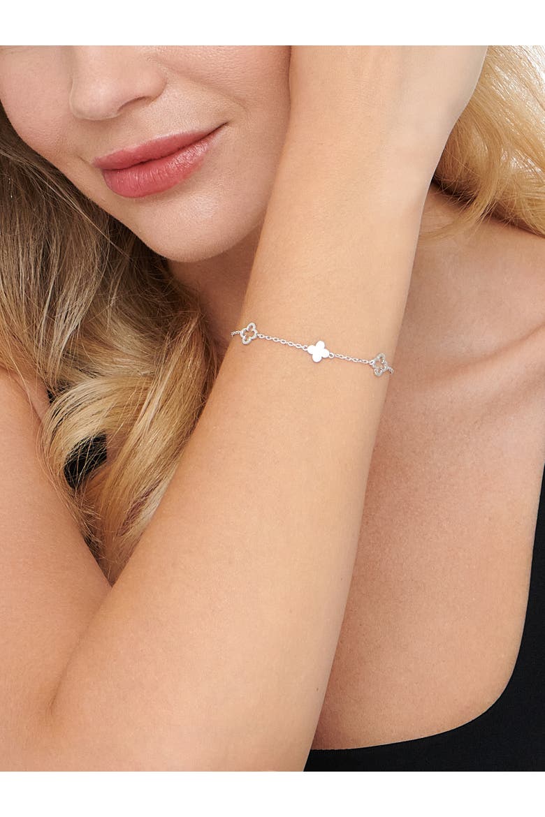 Clover Five-Charm Chain Bracelet in Rhodium Plated Sterling Silver, Alternate, color, Silver