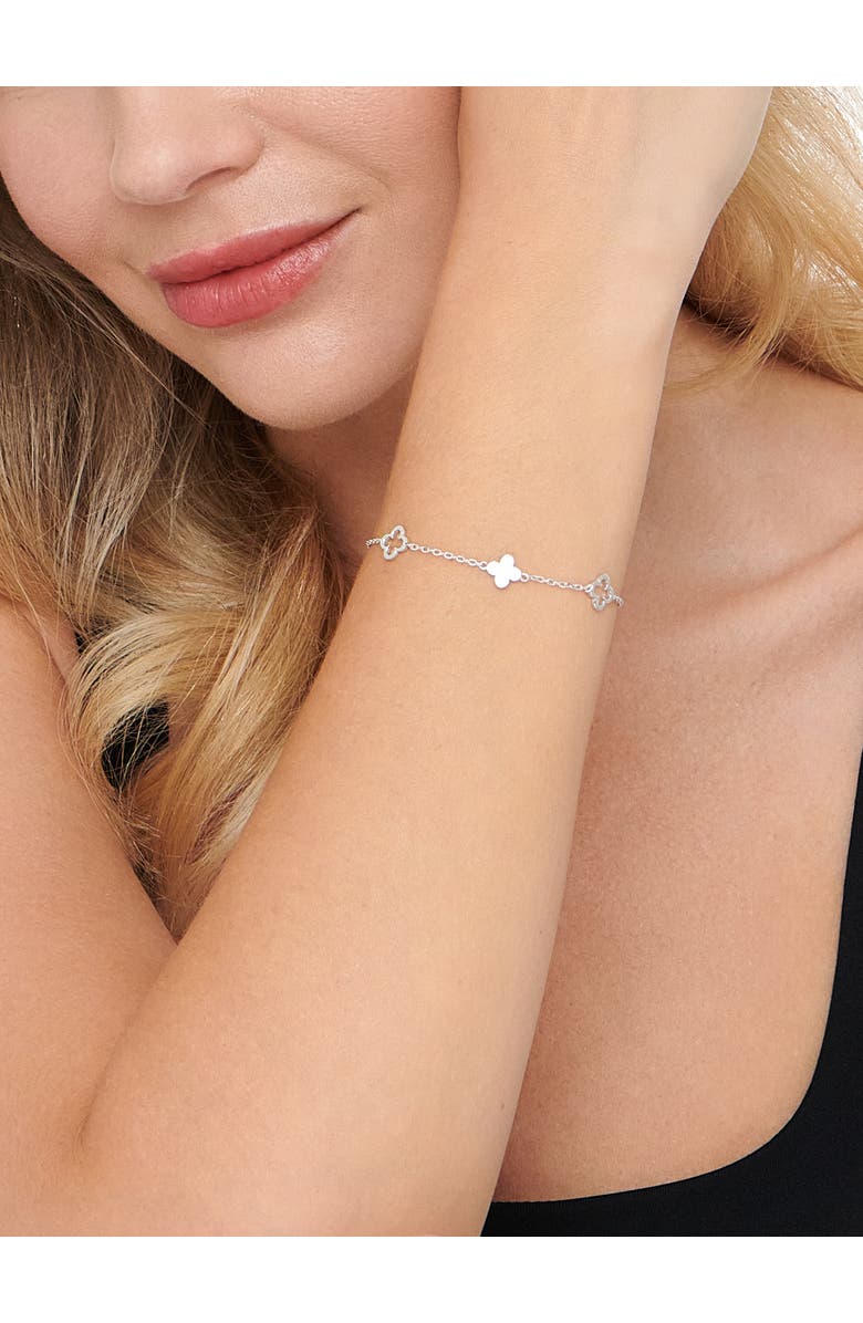 DEVATA Clover Five-Charm Chain Bracelet in Rhodium Plated Sterling Silver, Alternate, color, Silver