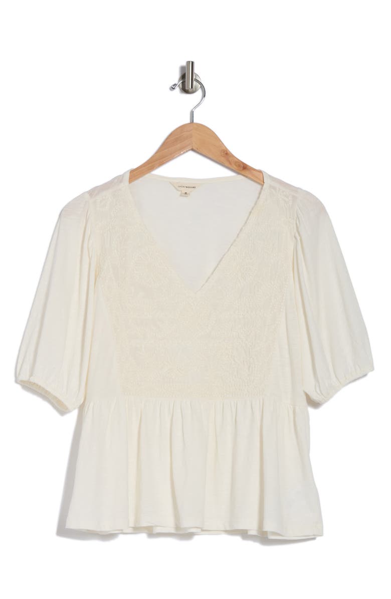 Lucky Brand Embroidered Peplum Top, Alternate, color, Whisper White