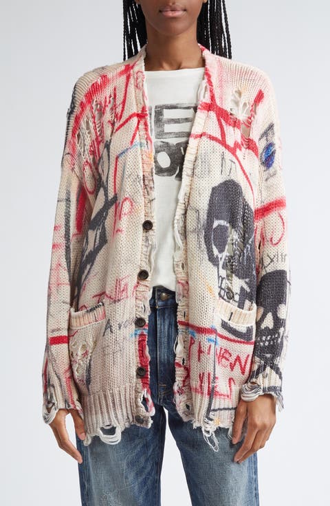 Distressed Oversize Skull Graffiti Print Cardigan