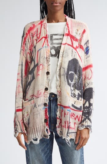 R13 Distressed Oversize Skull Graffiti Print Cardigan R13 Distressed Oversize Skull Graffiti Print Cardigan