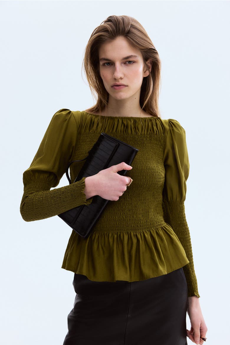 Smocked Viscose-blend Blouse, Alternate, color, Dark khaki green