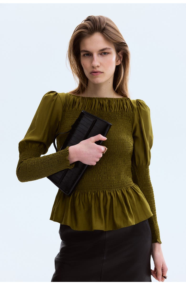 H&M Smocked Viscose-blend Blouse, Alternate, color, Dark Khaki Green