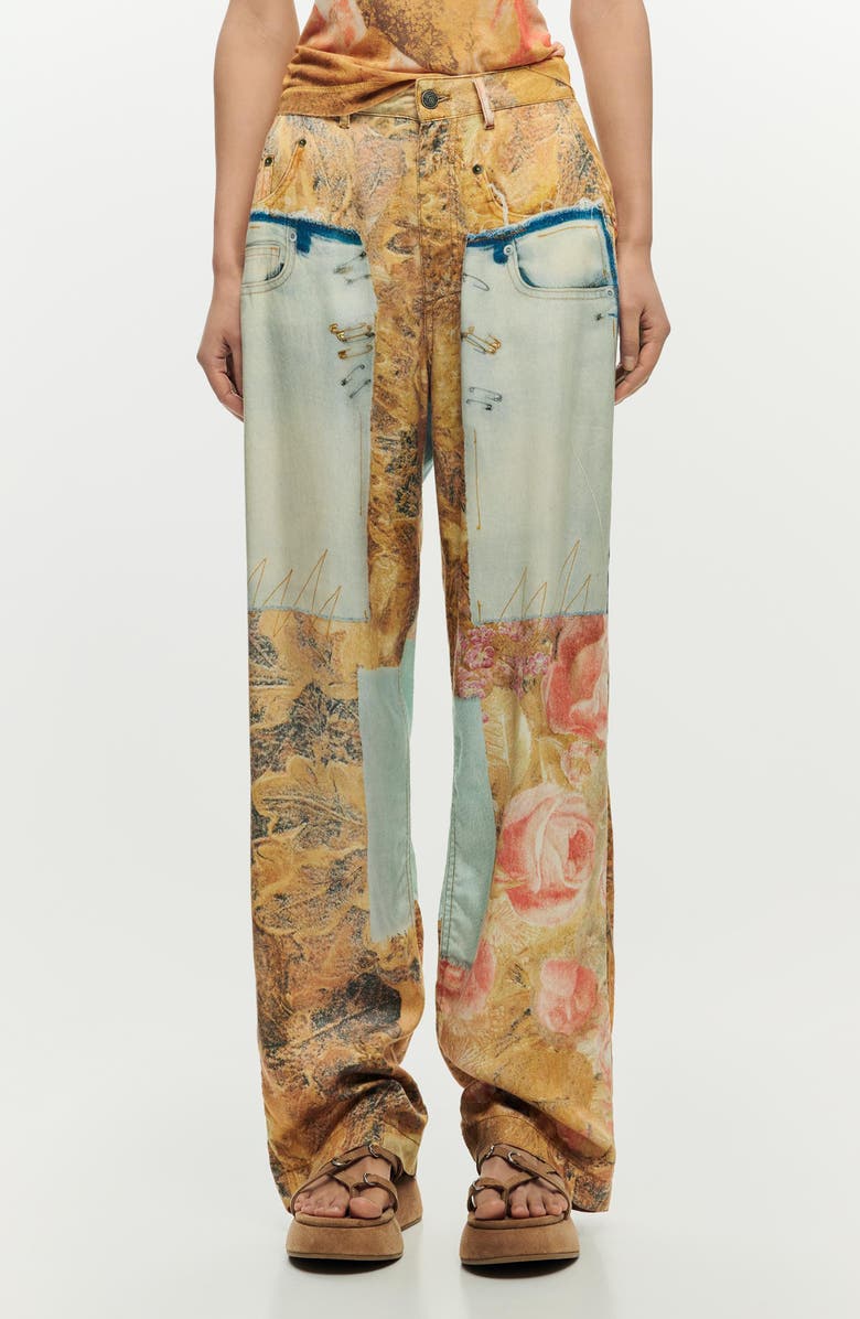 Desigual Straight Leg Patchwork Pants, Main, color, Medium Beige