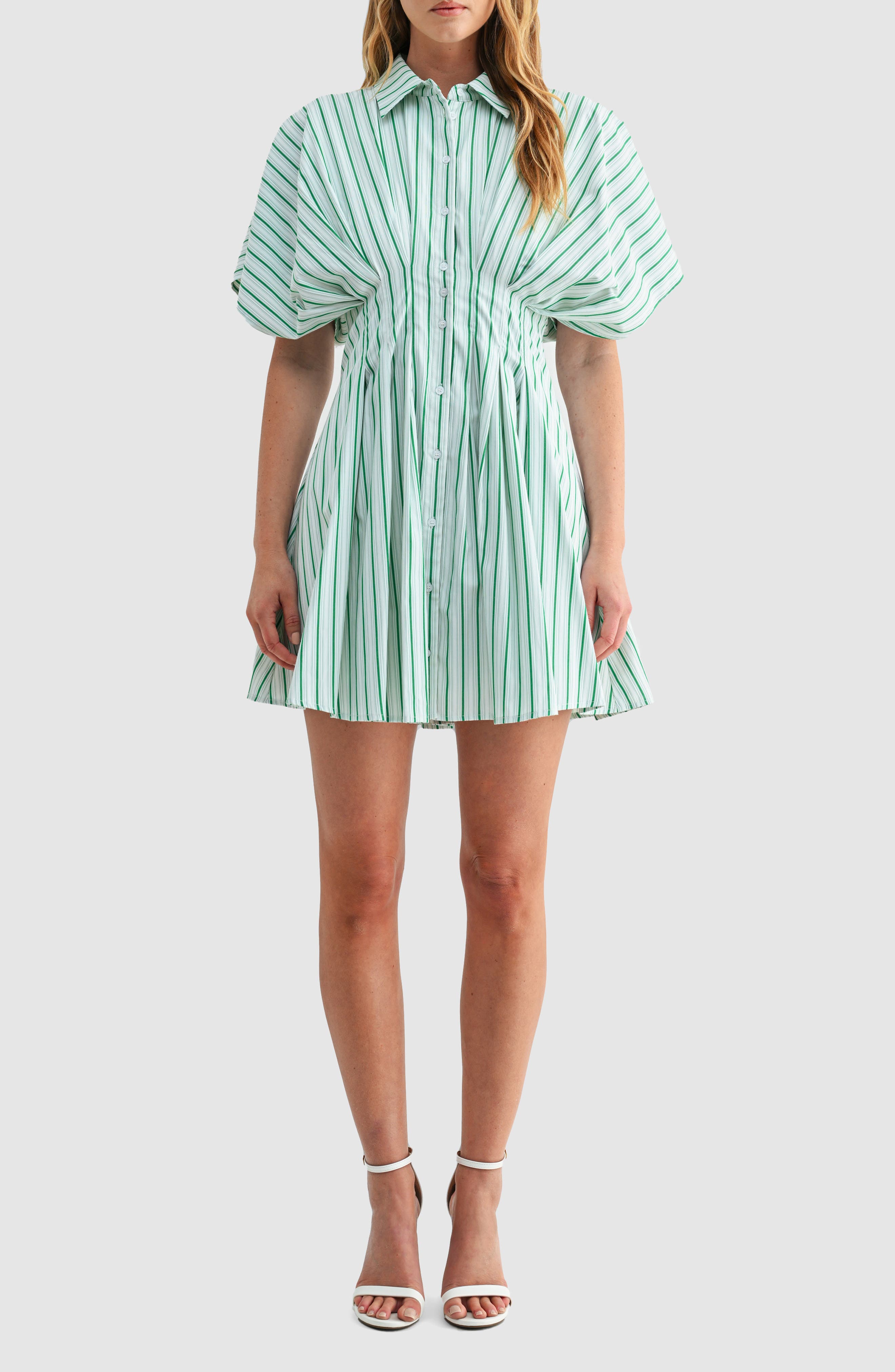 Mila Mae Stripe Pleated Dolman Sleeve Mini Shirtdress