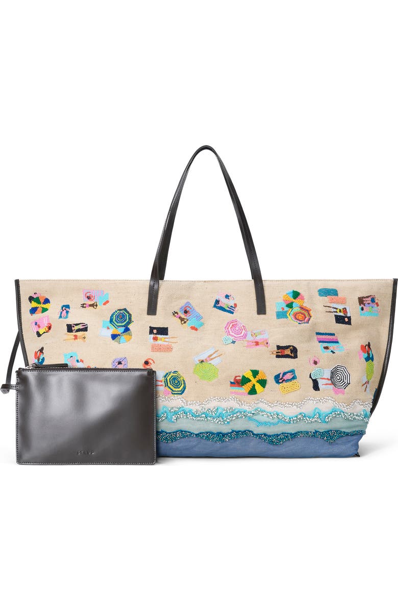 STAUD Large Christos Beaded & Embroidered Jute Tote, Alternate, color, Beach Day