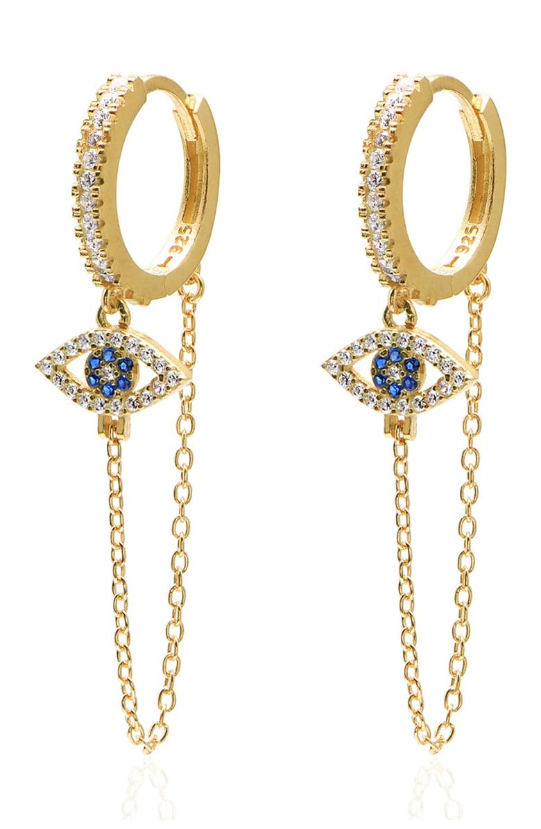 GABI RIELLE Gold Dangle Evil Eye Pave Huggie Earrings, Main, color, 