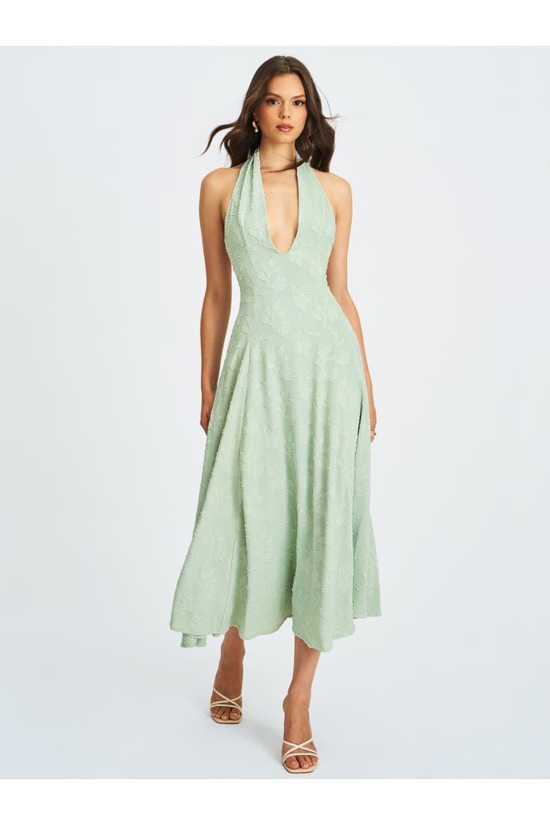 Magda Deep V Neck Halter A-line Midi Dress, Alternate, color, Mint Green