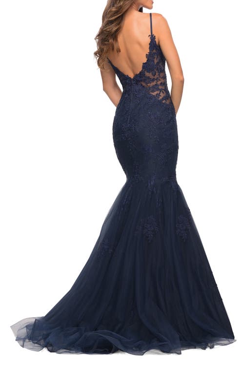 La Femme Tulle And Lace Mermaid Gown In Navy