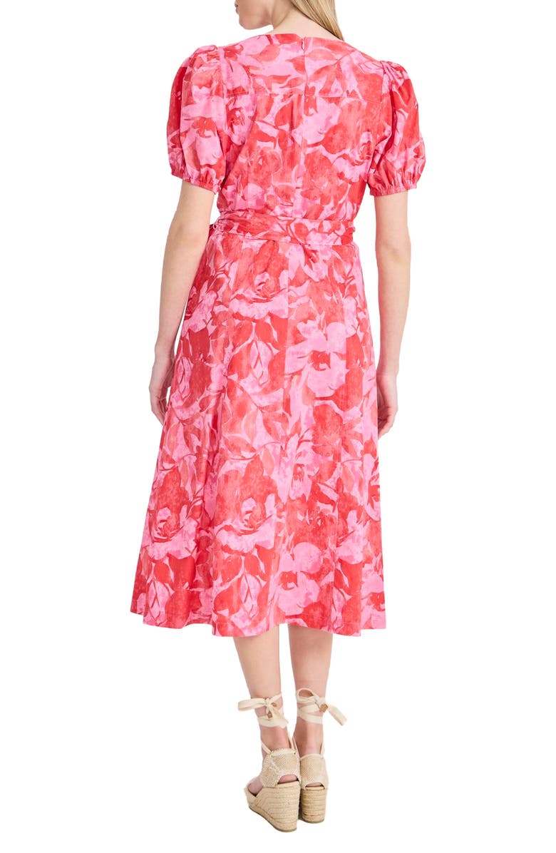 Donna Morgan Floral Puff Sleeve A-Line Midi Dress, Alternate, color, Pink/ Coral