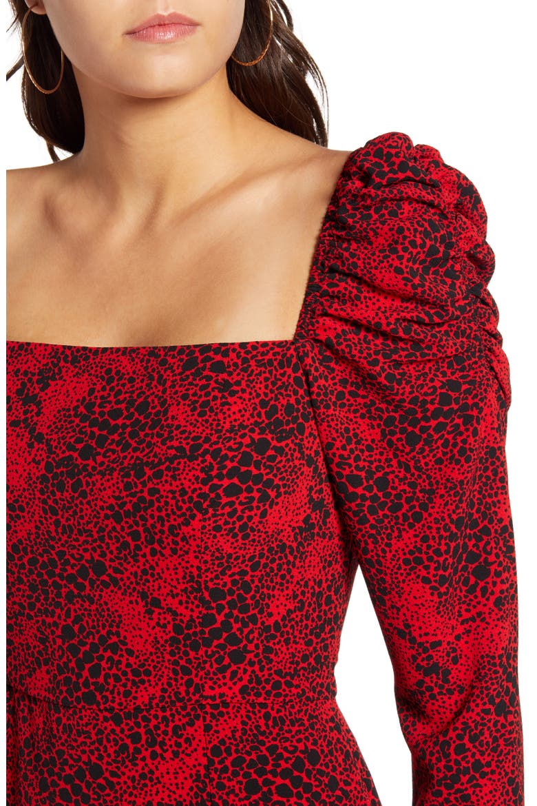 Spatter Print Square Neck Long Sleeve Midi Dress, Alternate, color, RED CHILI- BLACK DOT
