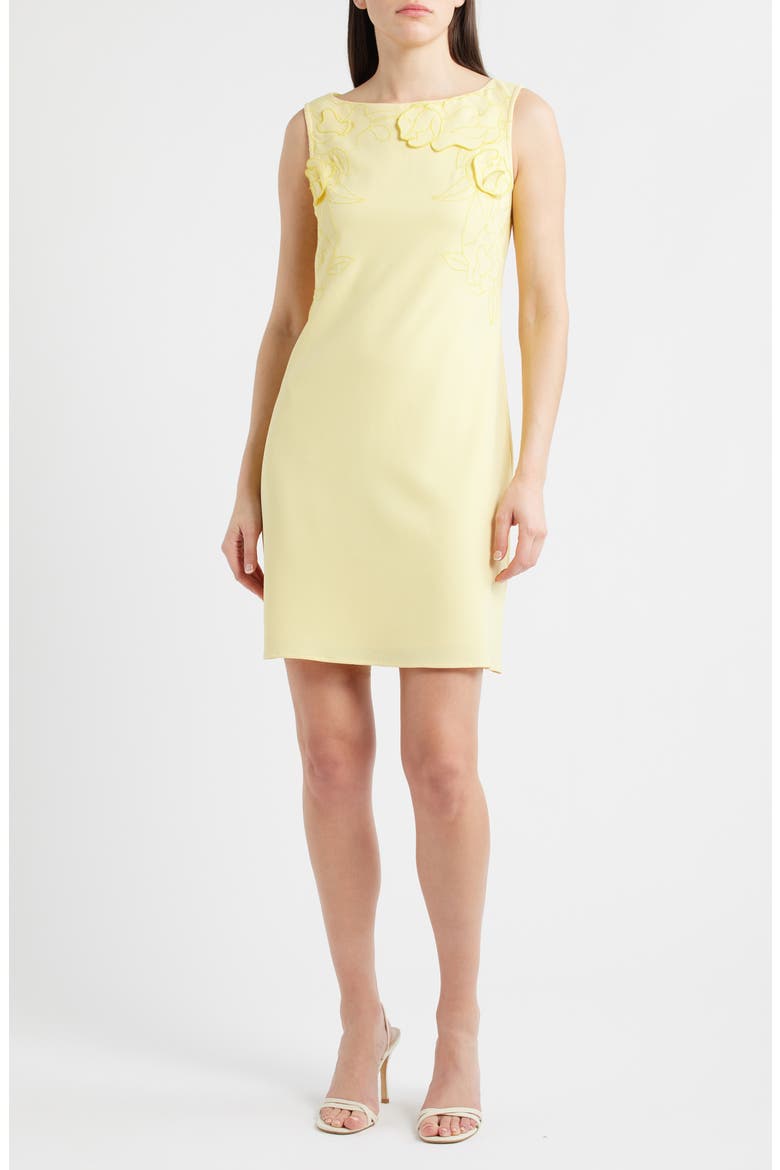 Floral Appliqué Sleeveless Crepe Sheath Dress, Main, color, BUTTERCUP