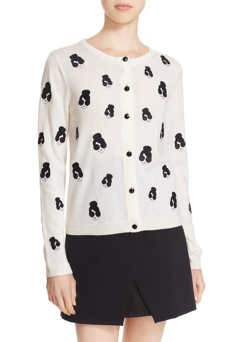 'Stacey Emoji' Embroidered Wool Cardigan, Main, color, OFF WHITE/ MULTI