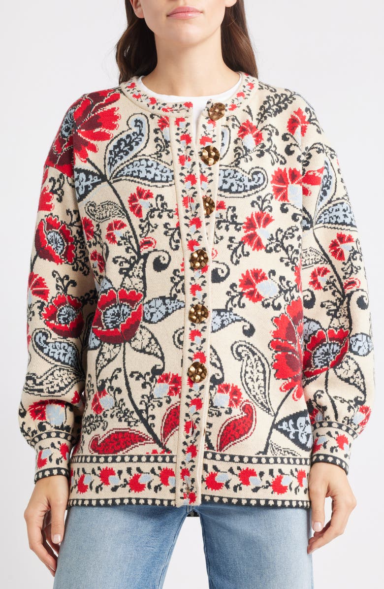 FARM Rio Francesca Jacquard Cardigan, Alternate, color, Ivory/ Black Multi