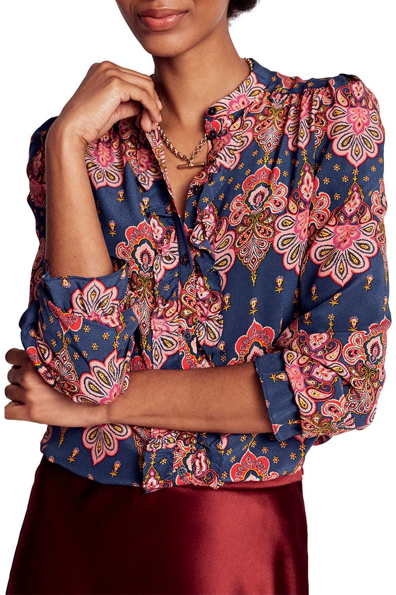 Alice Paisley Ruffle Silk Button-Up Shirt, Main, color, NAVY EMBELLISHED PAISLEY