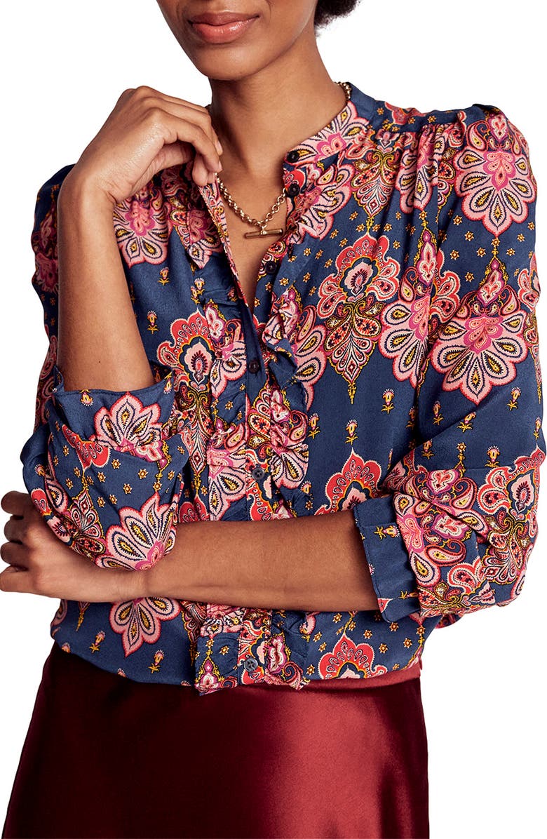 Boden Alice Paisley Ruffle Silk Button-Up Shirt, Main, color, Navy Embellished Paisley