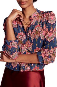 Boden Alice Paisley Ruffle Silk Button-Up Shirt