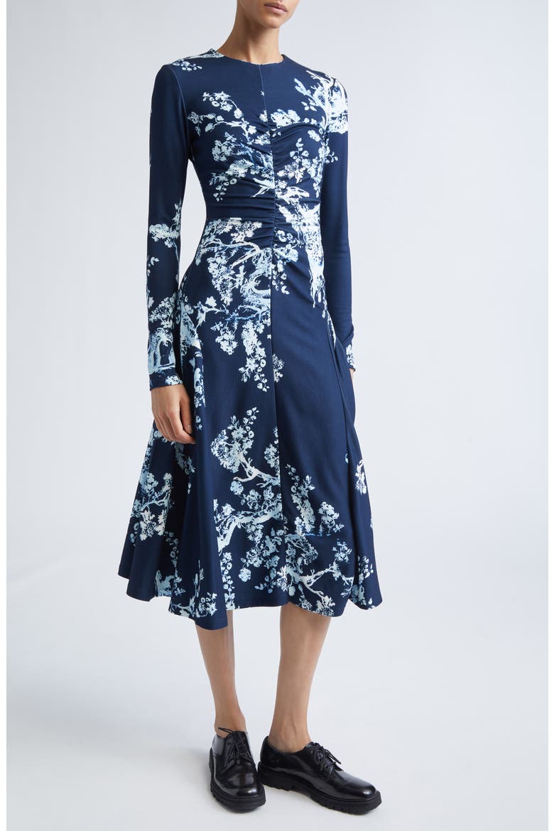 Print Long Sleeve Gathered Ponte Jersey Midi Dress, Main, color, CYANOTYPE ETCHING NAVY