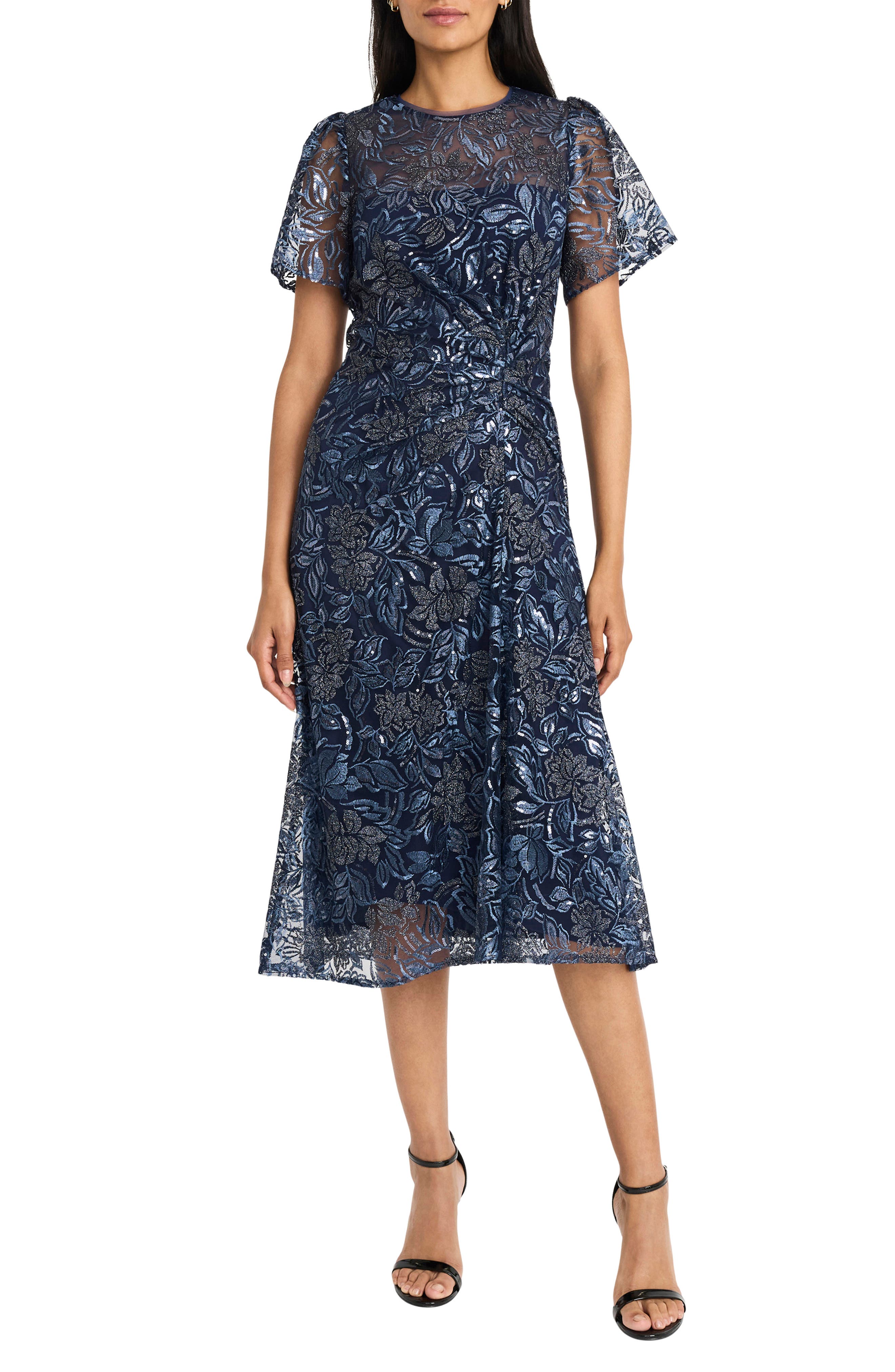 Maggy London Shirred Side Flutter Sleeve Midi Dress in Navy 