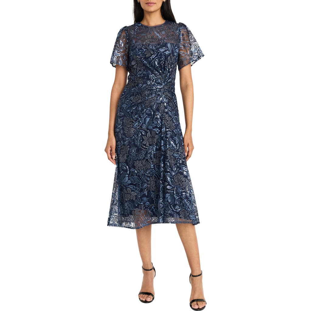 Maggy London Shirred Side Flutter Sleeve Midi Dress in Navy